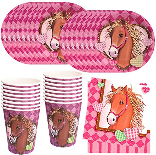 HGSHUO Pferd Partygeschirr Kindergeburtstag Deko Geburtstag Party Geschirr Pferde Pappteller Becher Servietten Tiere Tischdeko Set Western Cowgirl Geburtstagsfeier 16 Persone