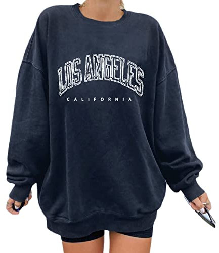Minetom Pullover Damen Herbst Sweatshirt ohne Kapuze Los Angeles Vintage Drucken Oversized Langarmshirt Rundhals Pulli Oberteile Tops übergroße A Blau L