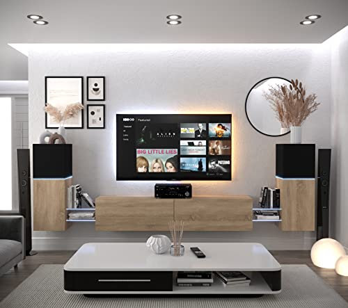 Furnitech Wohnwand Wohnzimmer | Wohnzimmer Möbel mit LED Weiß | Hängend Wohnwand Modern | Wohnzimmer Schrankwand mit Regale und TV Schrank (AN104-21BS-M14 1C)