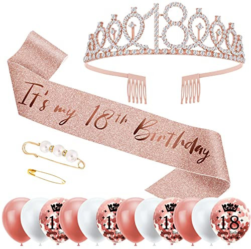 18. Geburtstag Mädchen Schärpe und Tiara, Deko Geschenke für Frauen zum Alles Gute zum Mit 12 Rosegold Konfetti Luftballons