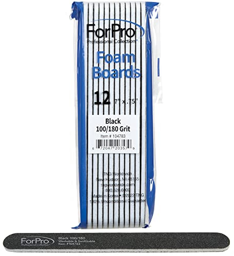 ForPro - Tableros de espuma para uñas, color negro, grano 100/180, limas de uñas de doble cara para manicura y pedicura, 7 pulgadas de largo x 0.75 pulgadas de ancho, 12 unidades