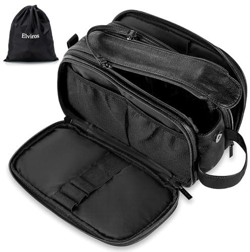 Elviros Kulturbeutel für Herren mit großem Fassungsvermögen, Make-up-Tasche mit wasserdichtem PU, Schwarz, 27 x 17 x 16 cm
