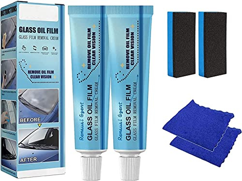 Car Glass Oil Film Cleaner, Auto Car Glass Polishing Degreaser Cleaner, Powerful Oil Film Removal Cream for Bathroom Window Glass Windshield, 30g (2pcs)