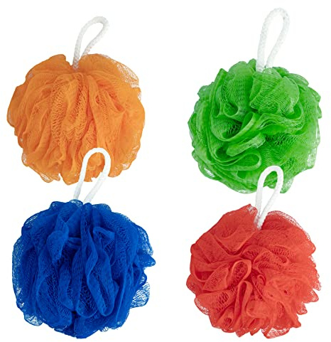 SUPERLY - Shower Puff, Bath Puff,Shower Sponge Extra Large 80g, 4 Pack Scrunchie Body Scrubber Exfoliating Soft Mesh Sponge (Orange, Red, Blue, Dark Green)