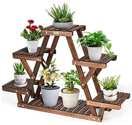 GOPLUS Soporte de Planta con 4 Estantes, Soporte de Flores de Madera para 5 Macetas, Almacenamiento de Macetas de Estante de Plantas de Madera Multicapa, Adecuado para Jardín con Balcón, 99x25x64.5CM
