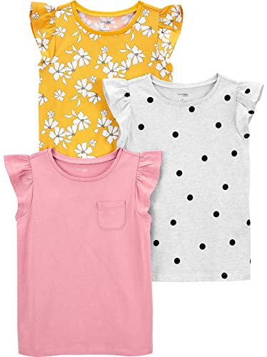 Simple Joys by Carter's Short-Sleeve Shirts And Tops, Pack of 3 T-Shirt, Giallo Fiori/Grigio A Pallini/Rosa, 5-6 Anni (Pacco da 3) Bambine e Ragazze