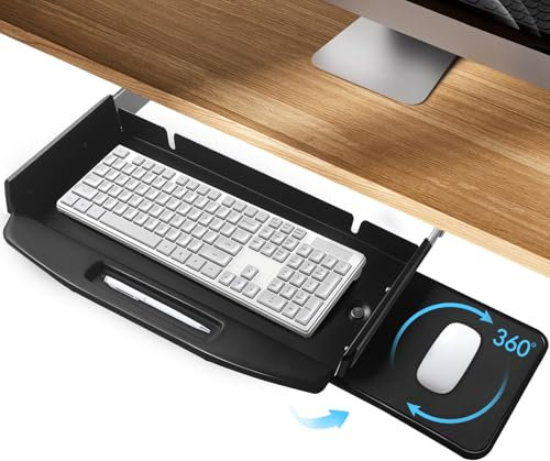 Steel Under Desk Keyboard Tray Slide Out,28Lx10W with 360° Rotating Mouse Platform,Keyboard Shelf Sliding, Under Desk Mounted Keyboard Holder
