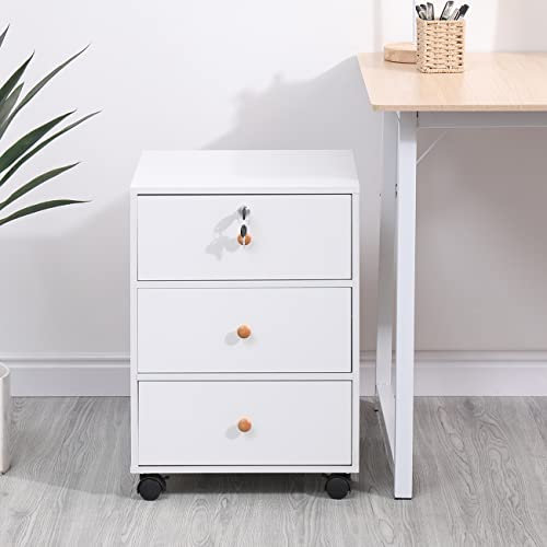 Lockable 3 Drawers File Cabinet Mobile Under Desk Pedestal Beside Cabinet with Wheels Unit Document Storage, Wood Office Printer Stand Table Filing Side Drawers Nightstand on Caster (White)