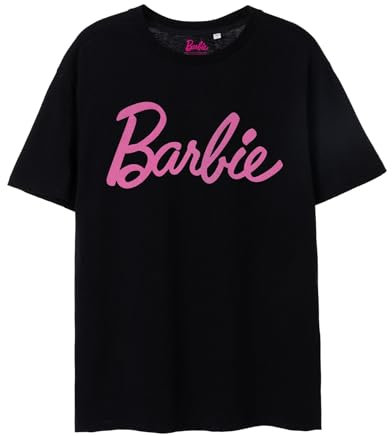 Barbie T-Shirt Donna a Maniche Corte con Logo Classico Rosa in Nero | Marchio iconico Top di Design alla Moda per Le Donne | Comfortable Fit Stylish Retro Tee Movie Merchandise Regalo