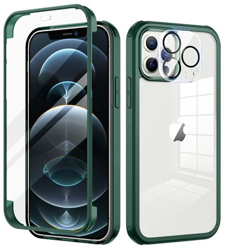 seacosmo for iPhone 12 Pro Max Case 6.7 Inch, Full-Body Shockproof Case with Built-in Glass Screen Protector and Camera Lens Protector Rubber Bumper Case Cover for iPhone 12 Pro Max- Green/Clear