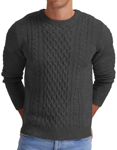 Hisir Men's Winter Thick Cable Knit Jumpers Casual Crew Neck Warm Long Sleeve Pullover Sweater Tops for Men