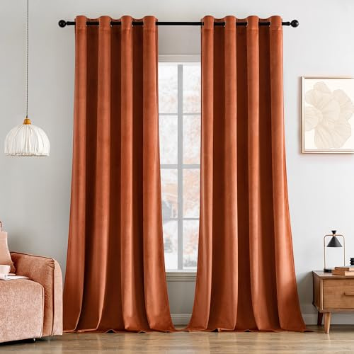 MIULEE Herbst Vorhänge Samtvorhang Ziegelrot Ösen 2er Set 140X260, Blickdicht Vorhänge Samt für Deko Schlafzimmer Wohnzimmer, Wunderschön Weich Samtvorhang Verdunkelnd Samt Vorhang Blickdicht