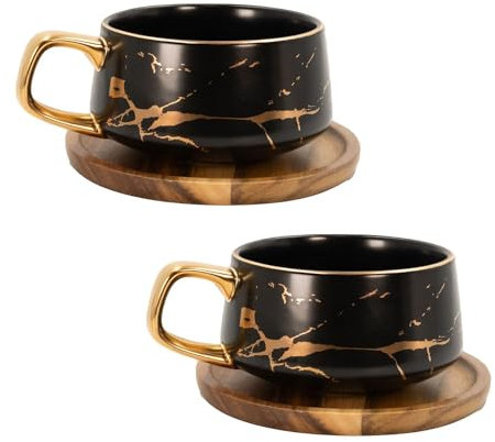 Intirilife Set de 2 tasses - Tasses en céramique au design marbré noir et or - 200 ml à 300 ml - Tasses à café avec soucoupe en bois - Tasses à thé idée cadeau pour café thé cacao tasse à lait