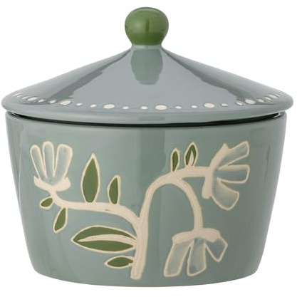 Bloomingville Creative Collection Tangier Gefäß mit Deckel, handbemalt, Grün mit Blumenmotiv, Steingut, Vorratsdose 660 ml, Ø15xH14 cm