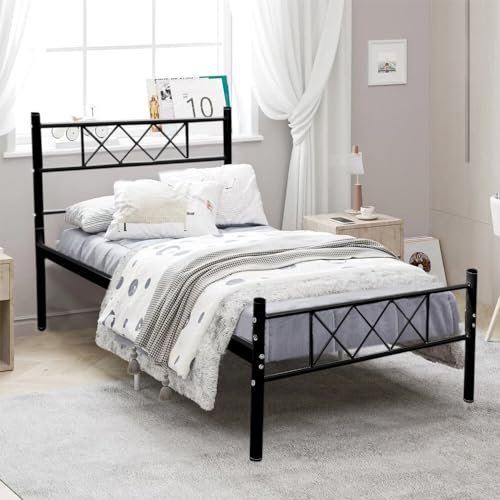 Panana Bettrahmen Metallbett Bettgestell aus Metall mit Lattenrost, Modern Gästebett Jugendbett, Schwarz 90 x 200 cm, FRBM36BK01092000-1804-1419144981
