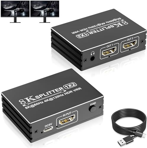 8K@60Hz HDMI 2.1 Splitter 1 in 2 Out - Unterstützt 1 HDMI-Quelle auf 2 Displays, Dual Monitore Duplizieren, Ultra HD HDR VRR für Xbox PS5/4/3 Roku TV