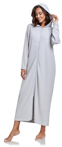 COLORFULLEAF Damen Reißverschluss Bademantel Langarm Kapuze Fleece Bademantel Weich Warm Hausmantel Loungewear mit Taschen(Hellgrau,2XL)