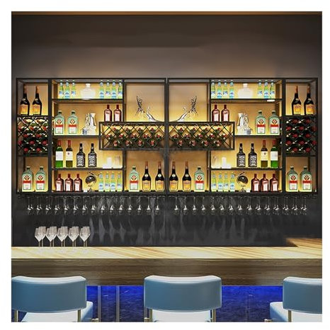Botellero Pared Con Luz LED,Botellero Vino De Hierro,Estante Para Vinos,Estantería Colgante De Pared Para Whisky,Muebles Bar Para Salon,Para Cocina,Bodega,Comedor,Vinoteca,Negro,Estilo Industrial