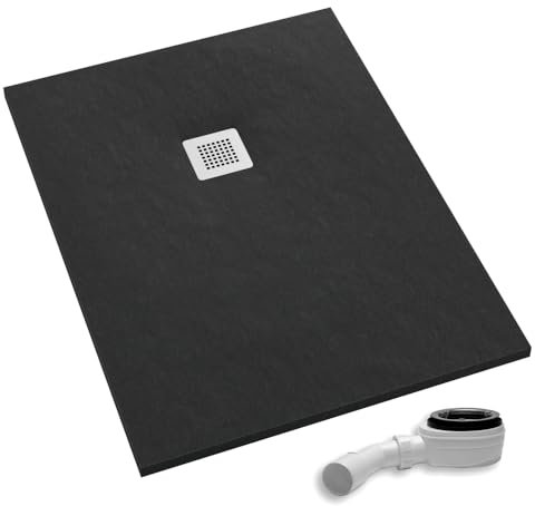AQUABAD Duschwanne/Duschtasse Palast mit LeakProtect Technologie Black Stone 90x120cm Rechteck - Blende: polierter Stahl | inkl. Ablaufgarnitur/Siphon