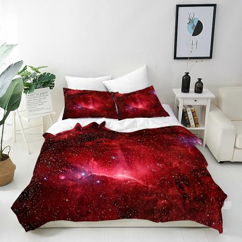 ANHOPE Rot Schwarz Galaxie Nebel Bettwäsche Set 2 Teilig Bettbezug 135x200 cm + Kissenbezug 80x80 cm Weich Microfaser Bettbezüge Set mit Reißverschluss Bettdeckenbezug für Kinder Jungen Mädchen