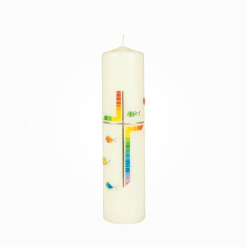 Taufkerze Tischkerze Kreuz, Fische mit Regenbogen-Wachsauflage in Elfenbein 200 x Ø 50 mm mit Namensverzierung