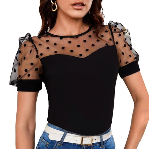 EMOTTOS Women's Short Sleeve Tops, Puff Sleeve Top with See Through Sleeve and Polka Dot Slim Fit for Ladies, Round Neck Basic T-Shirt Casual Club Party Streetwear for Spring Summer, Black L