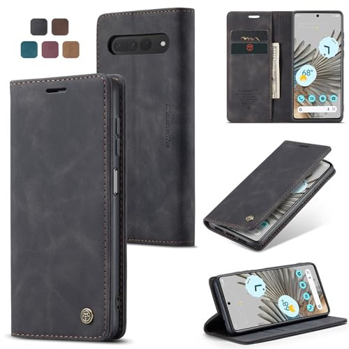 owlhold Handyhülle für Google Pixel 7 Pro Hülle Premium Lederhülle Weiches Vintage-Nubukleder Faltbare Ständer Schutzhülle Kartenfach Standfunktion stoßfest klapphülle Pixel 7 Pro -Schwarz
