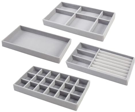 Bieiyhe 4 Pezzi Organizer Gioielli da Cassetto, Vassoio Portagioielli Velluto, Organizzatore Gioielli Impilabili, Portaorecchini da Cassetto, Divisori per Cassetti Gioielli, Espositore Gioielli Grigio