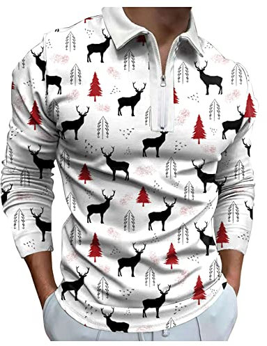 Drucekn - Polo a maniche lunghe, da uomo, a maniche lunghe, con cerniera, traspirante, per il tempo libero, classico, per Natale, bianco, M