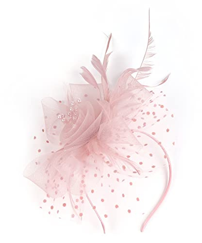 WUZIA Fascinator-Hut, Blume, Netzbänder, Kunstfedern auf einem Stirnband und einem Gabel-Clip, Teeparty, Kopfbedeckung, Netz-Stirnband, Hochzeit, Cocktail, Haarspange für Damen, Blush Pink