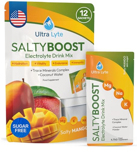 Ultra Lyte Electrolytes Drink Mix - Sugar-Free Sachets with High Sodium, Trace Minerals, and Coconut Water - Hydration for Sports, Fitness, and Recovery (12 Servings (Pack of 1), Salty Mango)