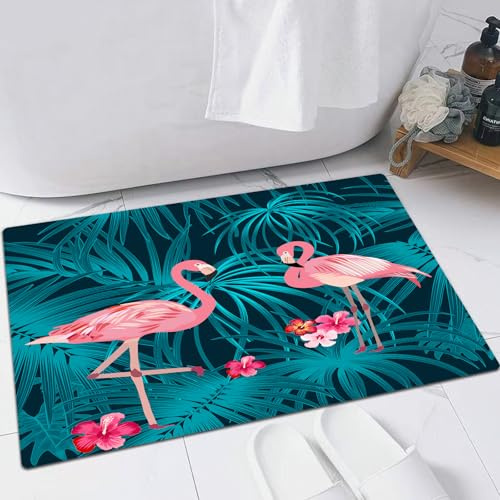 FSDGY Badvorleger Fußmatte Flauschig Teppich Badezimmerteppich Duschmatte für Bade & Wohnzimmer Schlafzimmer,Tropische Pflanze nahtloses Muster rosa Flamingo und Tropische Blätter der Palme,40x60 cm