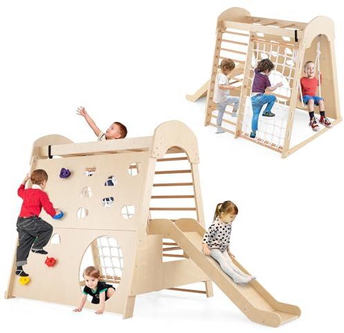 COSTWAY Kids Climbing Frame, 8 in 1 Wooden Jungle Gym with Climbing Rock/Net, Ladder, Slide, Swing, Monkey Bars, Indoor Montessori Climber Playset for 3+ Years Old (Natural)