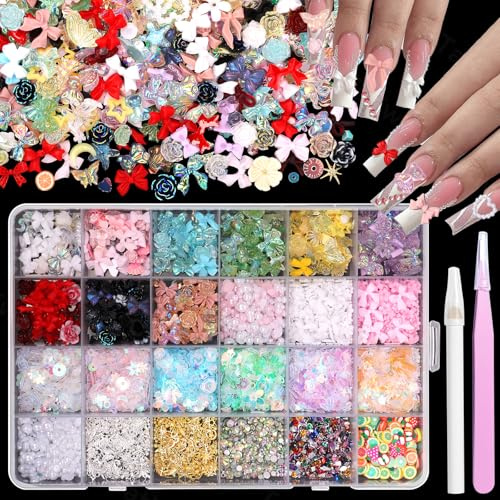 3D Mixed Nail Charms Kit Colorful Roses Small Flower Bows Nail Art Charms Assorted Half Pearls for Nails Sequins Gems Rhinestones for Acrylic Nails