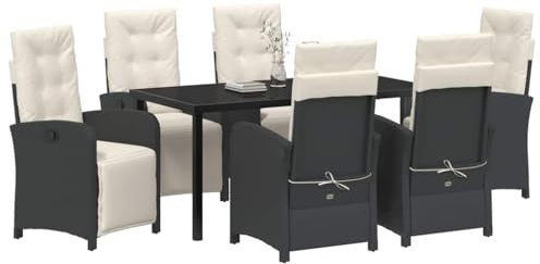 vidaXL Garten Essgruppe mit Kissen 7 pcs Schwarz Poly-Rattan, Garten Essgruppe, Moderne Rattan Möbel, langlebige Al Fresco Kombination, Terrassen Sitzgruppe, Glastisch für die Terrasse