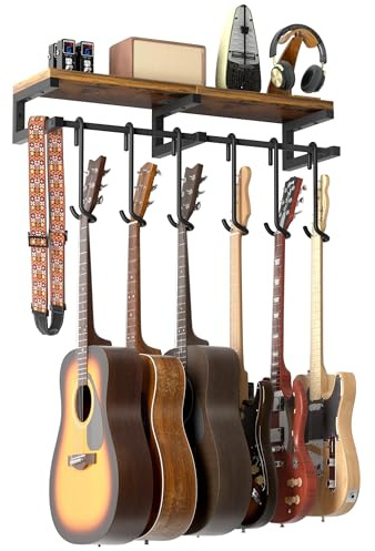 VINCOURNA Gitarrenhalter für die Wand, 6 Gitarren Wandhalterung (Groß) | Wandhalterung Gitarre mit Groß Regal, Gitarrenhalter Wand für Akustikgitarre Bass e Gitarre Ukulele Ständer Zubehör
