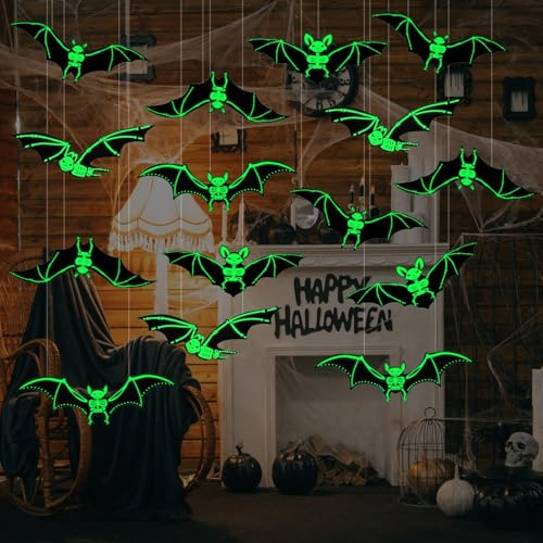 DTOFOOT Halloween Deko, 15 Stück Leuchtende Fledermaus Deko für Wasserdichte Outdoor Horror-Party-Dezorationen
