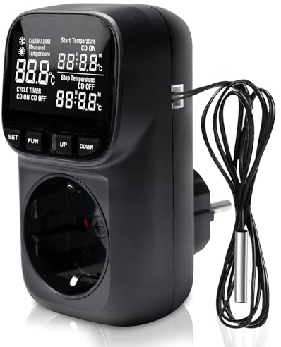 Temperaturregler Steckdose, Thermostat Steckdose, Hygrostat Steckdose 230V, -40°C~120°C, Thermostat mit Zeitschaltuhr, LCD Display für Gewächshaus Aquarium Kühlschrank Heizung Kühlen