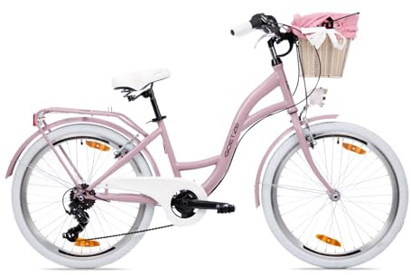 Goetze Mood 24 Zoll Kinderfahrrad, 14 Zoll Tiefeinsteiger Rahmen, 6-Gang Kettenschaltung, doppelte V-Bremsen, LED-Beleuchtung, Gepäckträger, Rattankorb, Komfortsattel, mit Seitenständer & Klingel!