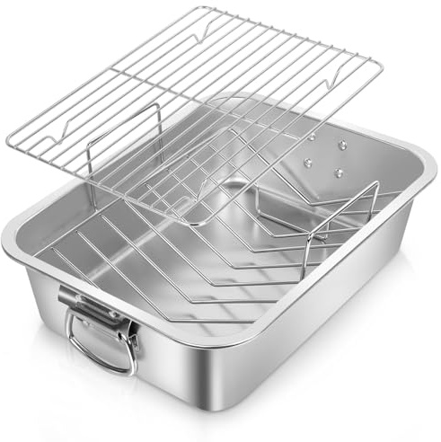 VBOYL 16 Stainless Steel Roasting Pan Set with 2 Racks | Deep pan + flat & V-racks, dishwasher safe, non-toxic, no warping, for 6-8 people, holiday roasts, Sunday dinners, meal prep
