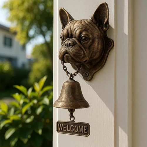 Cast Iron Dog Welcome Doorbell, Retro Metal Outdoor Farmhouse Vintage Door Bell for Front Door, Dog Head Shape Decoration, Hanging Wall Mounting, Dinner Bells (Bull Dog)