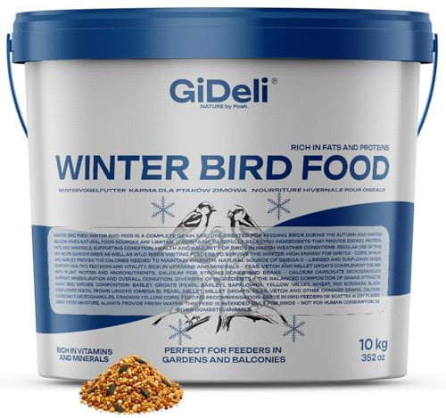 GiDeli Vogelfutter Wildvögel Ganzjährig 10 kg im Eimer - Winterstreufutter | liefert Energie an frostigen Tagen, stützt Gefieder sowie Mineralisierung, praktisch für Balkon, Garten, Futterstation