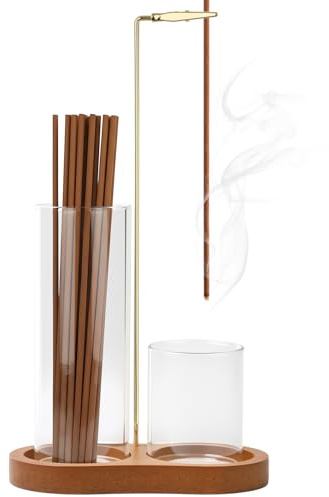 PAPAcroscoma Wooden Inverted Incense Holder (brown) | Upside Down Incense Stick Holder Glass Ash Catcher, Anti-Ash Incense Burner for Yoga, Spa, Meditation and Home Relaxation