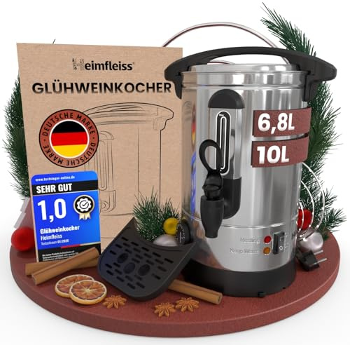 Heimfleiss® Glühweinkocher 6,8L Edelstahl 1500W - Hahn & Abtropfschale | Heißwasserspender & Heißgetränkeautomat | für Glühwein, Punsch & Tee | Einkochautomat mit Überhitzungsschutz & Thermostat