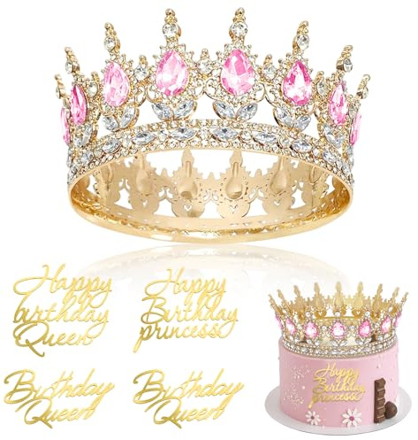 YuLiMirich Geburtstag Krone für Damen Mädchen Queen Prinzessin Krone Diadem Tiara Kristall Krone für Torte mit 4 Happy Birthday Tortendeko Geburtstag Cupcake Topper für Hochzeit Geburtstag Party