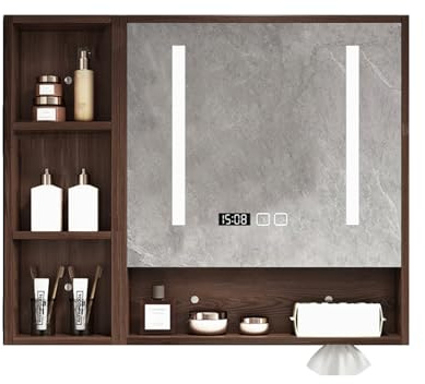Badezimmer-Spiegelschrank, 80 cm, mit Beleuchtung, beschlagfrei, Wandmontage, intelligentes Design, seitliches Gitterregal, moderner Schminktisch für stilvolle Badezimmer-Dekoration
