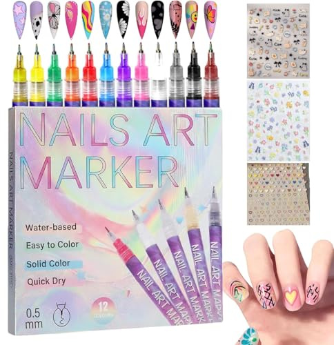 12 Colors Nail Art Pens Set, 3D Nail Polish Pens Dotting Drawing Markers, 0.5mm Fine Tip Acrylic Liner for Gel & Natural Nails, Quick Dry Waterproof DIY Manicure Kit – Gift for Girls