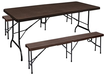 DELUKE Bierzeltgarnitur Rita 3-teilig Tisch & 2X Bank Braun Kunststoff | Buffettisch Gartengarnitur Klapptisch Klappbank Gartentisch