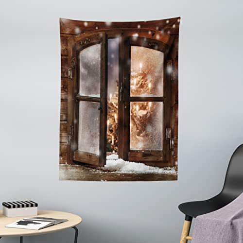 ABAKUHAUS Winter Wandteppich, Weihnachtsbaum in der Kabine aus Weiches Mikrofaser Stoff Waschbar ohne Verblassen Digitaldruck, 110 x 150 cm, Umbrabraun Weiß