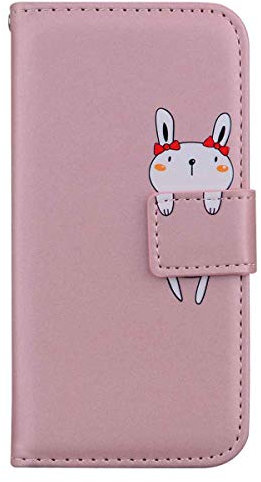 PU Leather Flip Wallet Case for iPhone SE 2022/2020 & 7/8 with Kickstand, Magnetic Clasp, Card Holder & Animal Pattern - Rose Gold & Rabbit